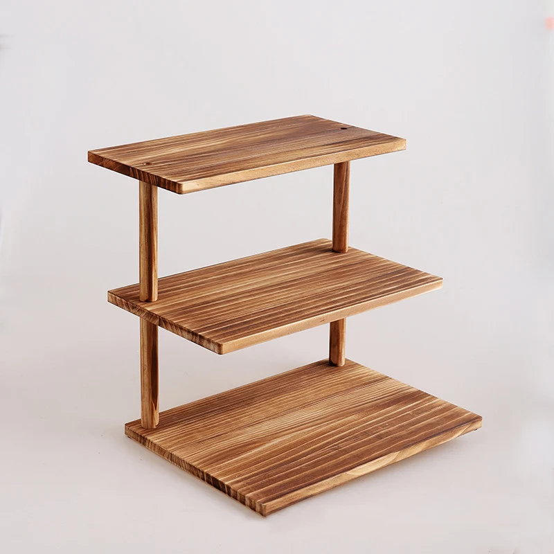 Traditional Chinese Pine Wood Rectangular Storage Shelf 3-Tier For Living Room