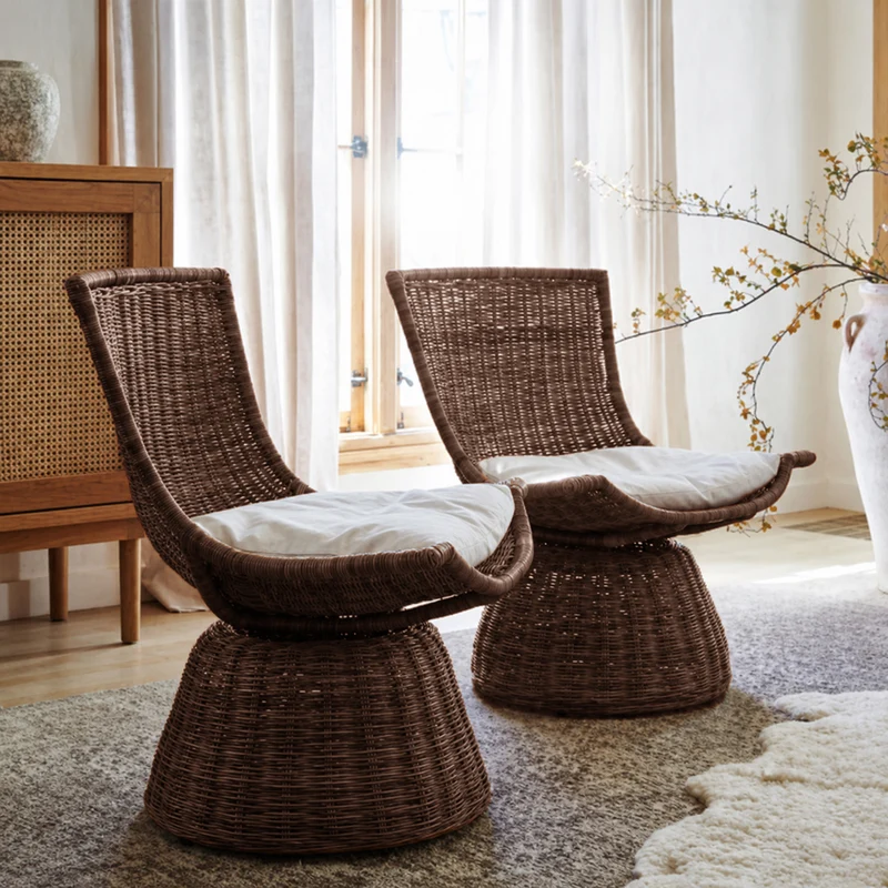 Contemporary Scandinavian Indonesian Rattan Weaving Lounge Chair - Back Chair With Handwoven Texture For Living Room