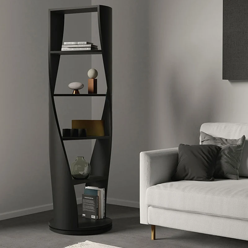 Modern Minimalist Curved Solid Wood Multi-Layer Bookshelves 5-Tier Rotatable For Living Room