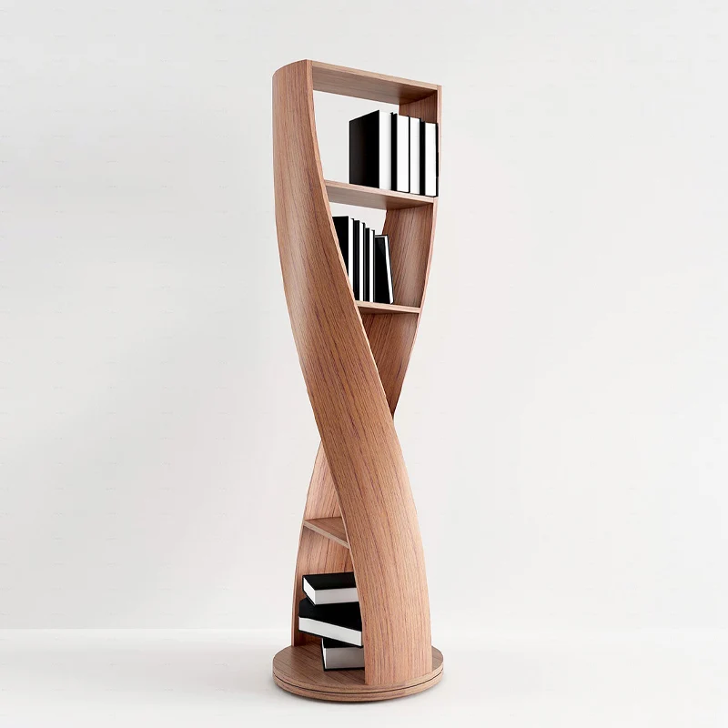 Modern Minimalist Curved Solid Wood Multi-Layer Bookshelves 5-Tier Rotatable For Living Room