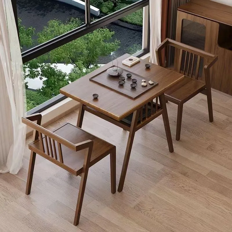 Modern Minimalist Rectangular Solid Wood Desk & Chair Set 2-Tier Sturdy High Weight Capacity For Home Office