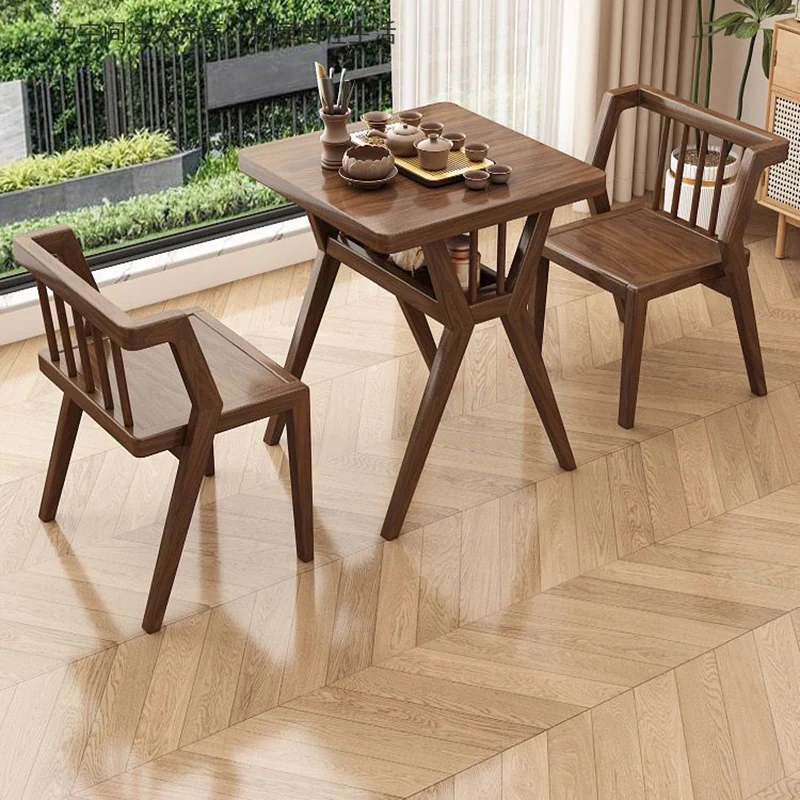 Modern Minimalist Rectangular Solid Wood Desk & Chair Set 2-Tier Sturdy High Weight Capacity For Home Office