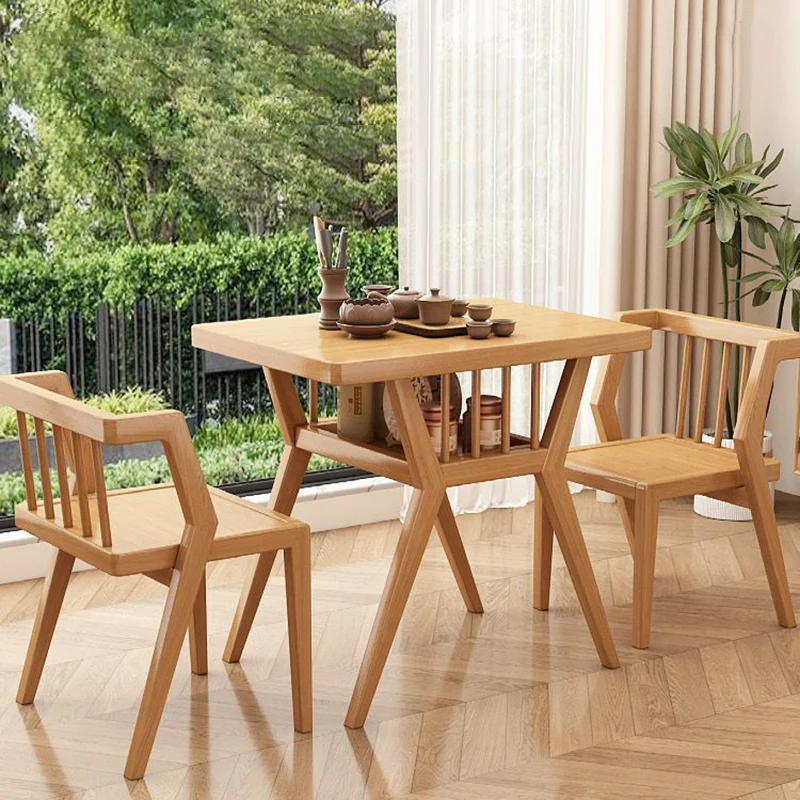 Modern Minimalist Rectangular Solid Wood Desk & Chair Set 2-Tier Sturdy High Weight Capacity For Home Office