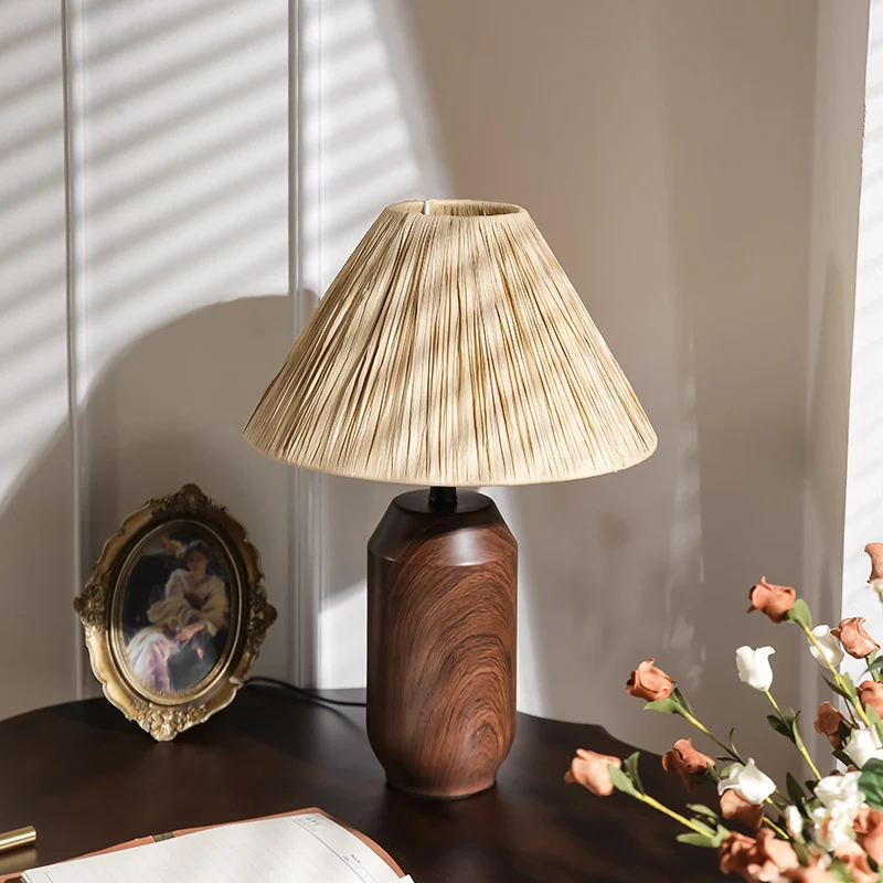 Traditional Japanese Iron Fabric Cylinder Imitation Wicker USB 1-Light Table Lamp For Bedroom