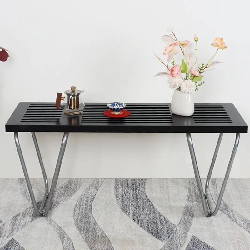 Modern Minimalist Linear Carbon Steel Pine Wood Bench Backless Armless For Living Room & Bedroom