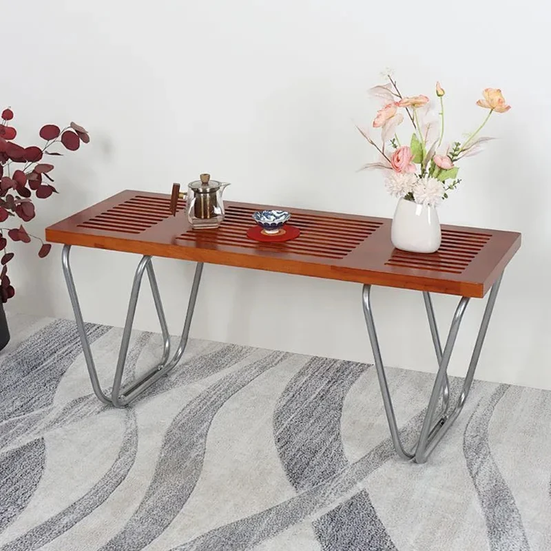 Modern Minimalist Linear Carbon Steel Pine Wood Bench Backless Armless For Living Room & Bedroom