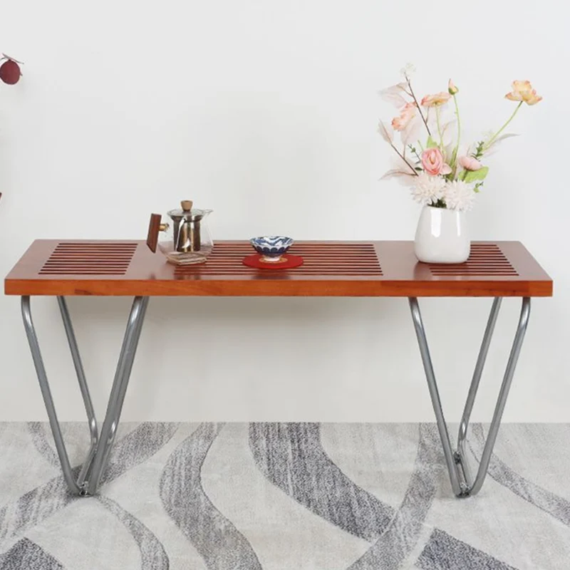 Modern Minimalist Linear Carbon Steel Pine Wood Bench Backless Armless For Living Room & Bedroom