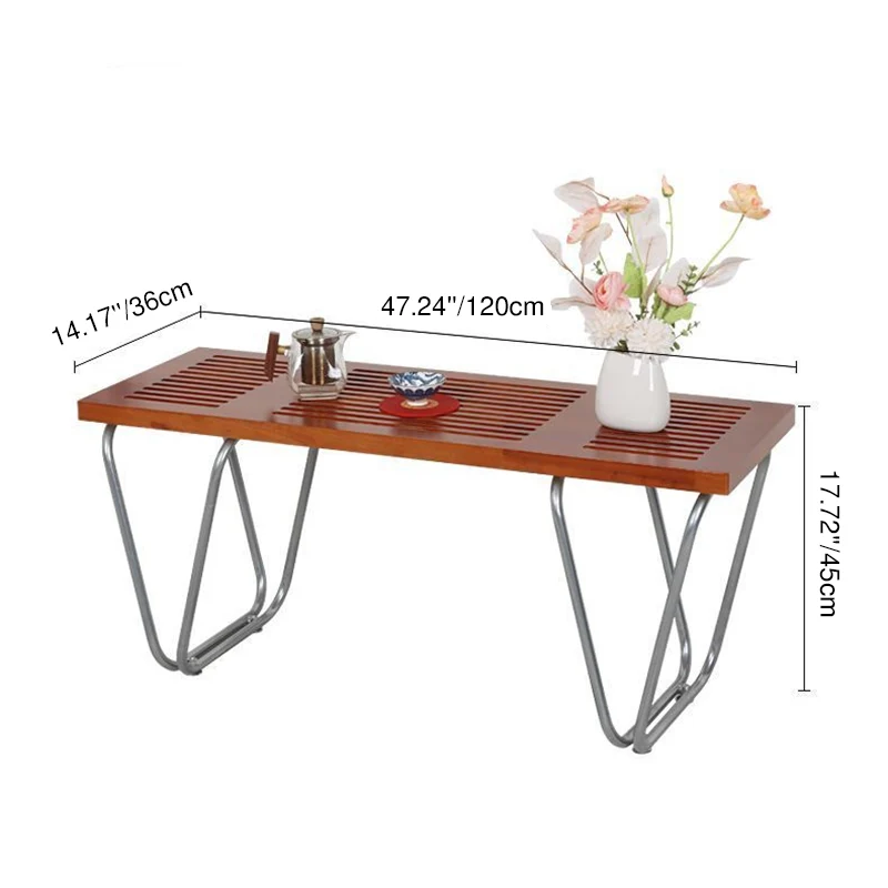 Modern Minimalist Linear Carbon Steel Pine Wood Bench Backless Armless For Living Room & Bedroom