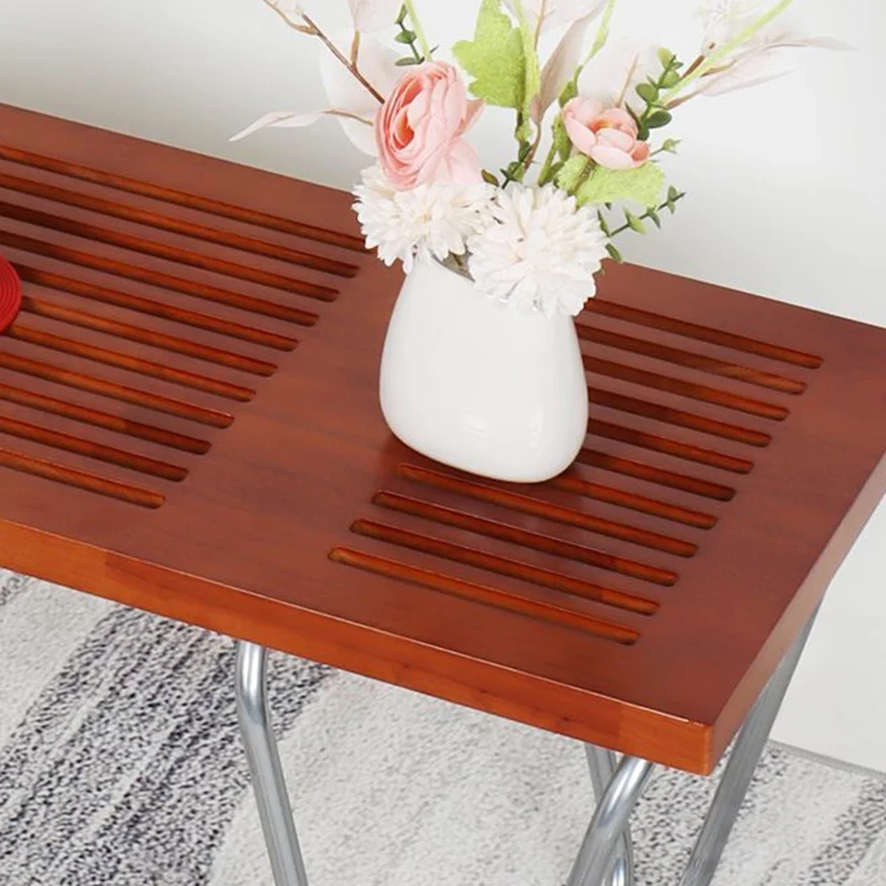 Modern Minimalist Linear Carbon Steel Pine Wood Bench Backless Armless For Living Room & Bedroom