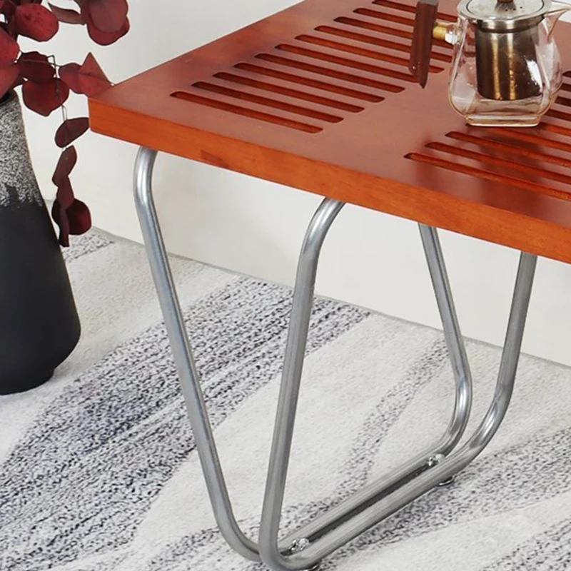 Modern Minimalist Linear Carbon Steel Pine Wood Bench Backless Armless For Living Room & Bedroom