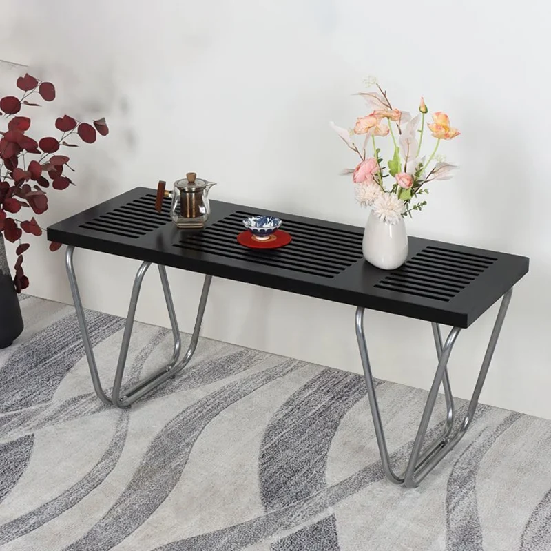Modern Minimalist Linear Carbon Steel Pine Wood Bench Backless Armless For Living Room & Bedroom
