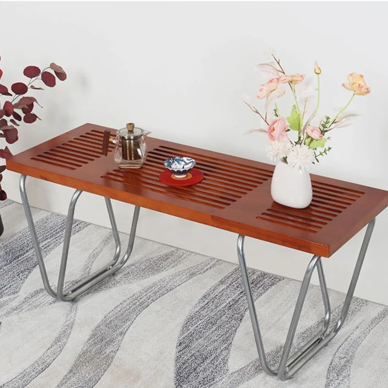 Modern Minimalist Linear Carbon Steel Pine Wood Bench Backless Armless For Living Room & Bedroom