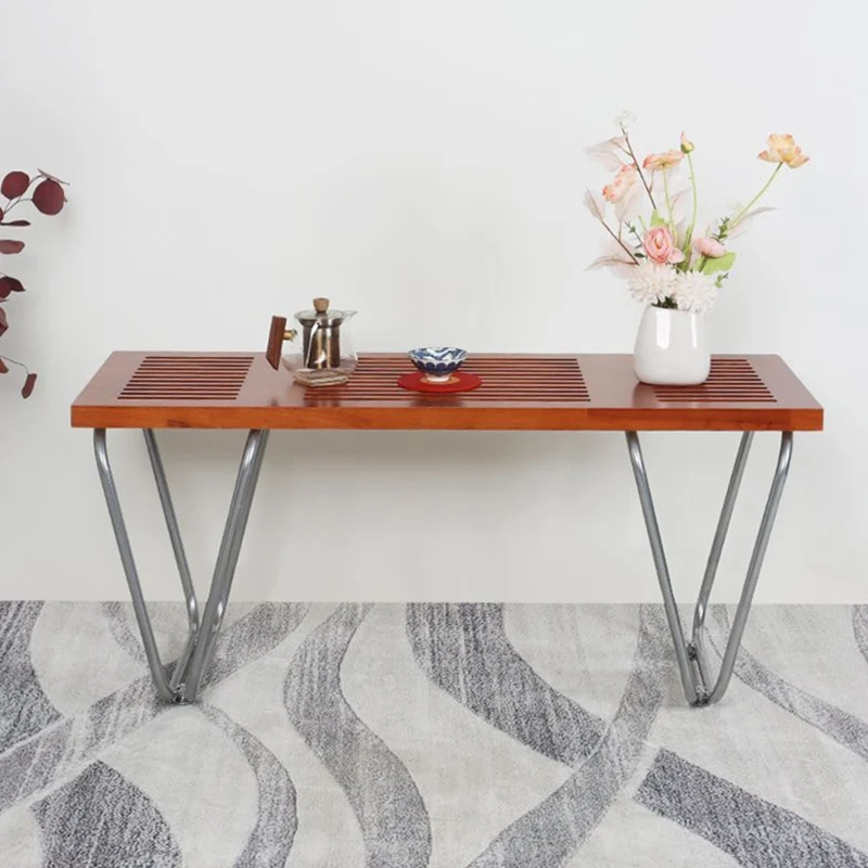 Modern Minimalist Linear Carbon Steel Pine Wood Bench Backless Armless For Living Room & Bedroom