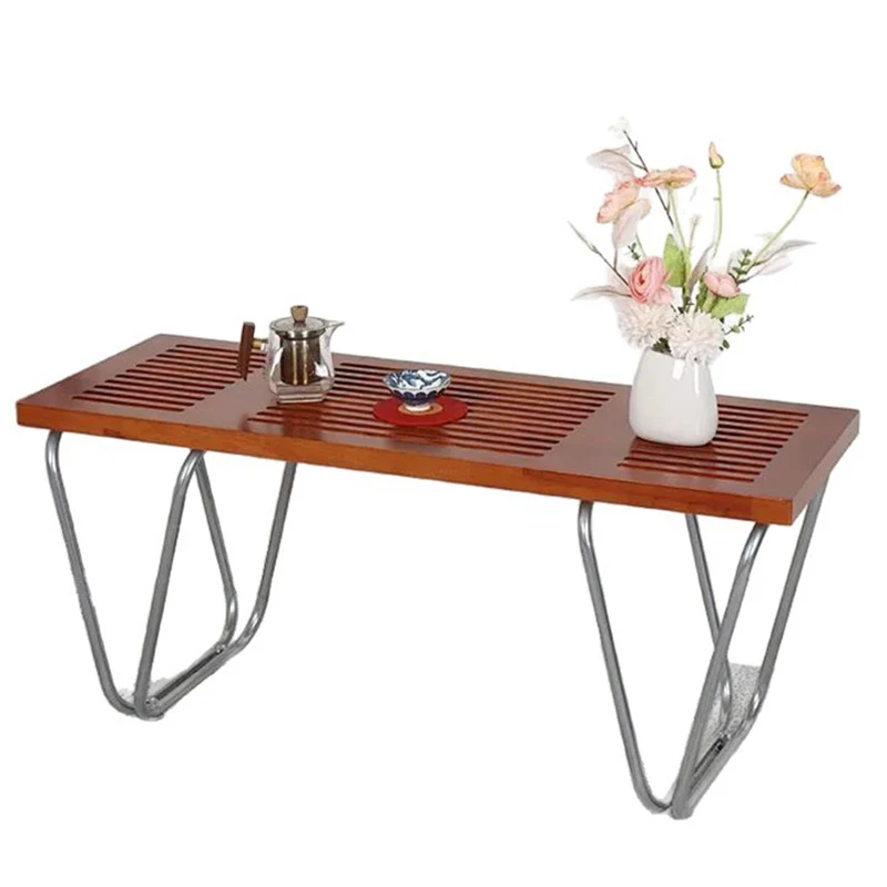 Modern Minimalist Linear Carbon Steel Pine Wood Bench Backless Armless For Living Room & Bedroom