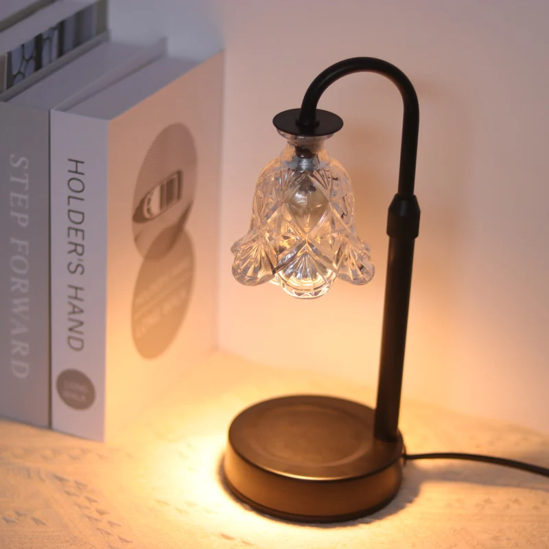 Modern Minimalist Flower Iron Glass Wood 1-Light Aromatherapy Melting Wax Table Lamp For Bedroom