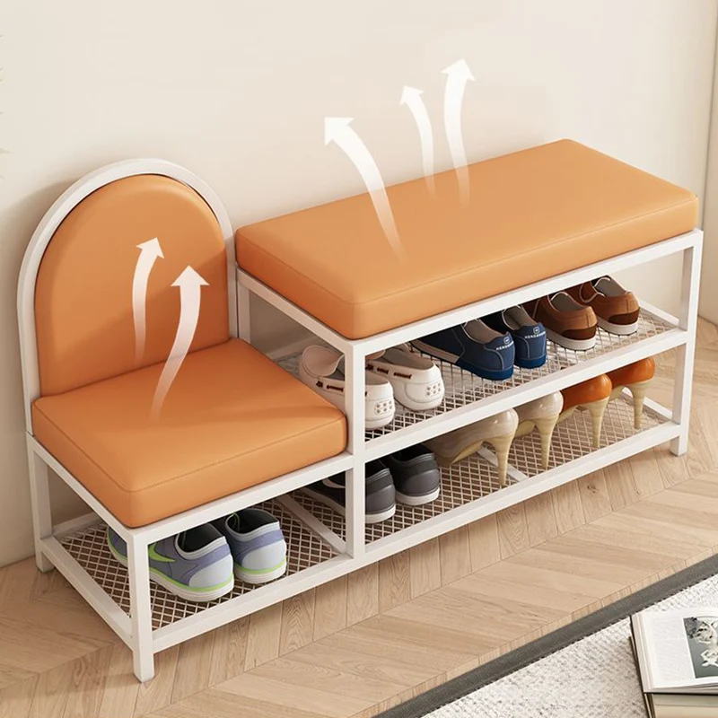 Modern Minimalist Rectangular Iron Faux Leather Sponge Bench 2-Tier For Entryways