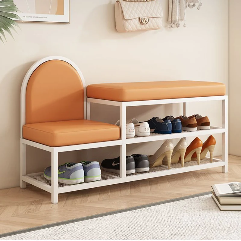 Modern Minimalist Rectangular Iron Faux Leather Sponge Bench 2-Tier For Entryways