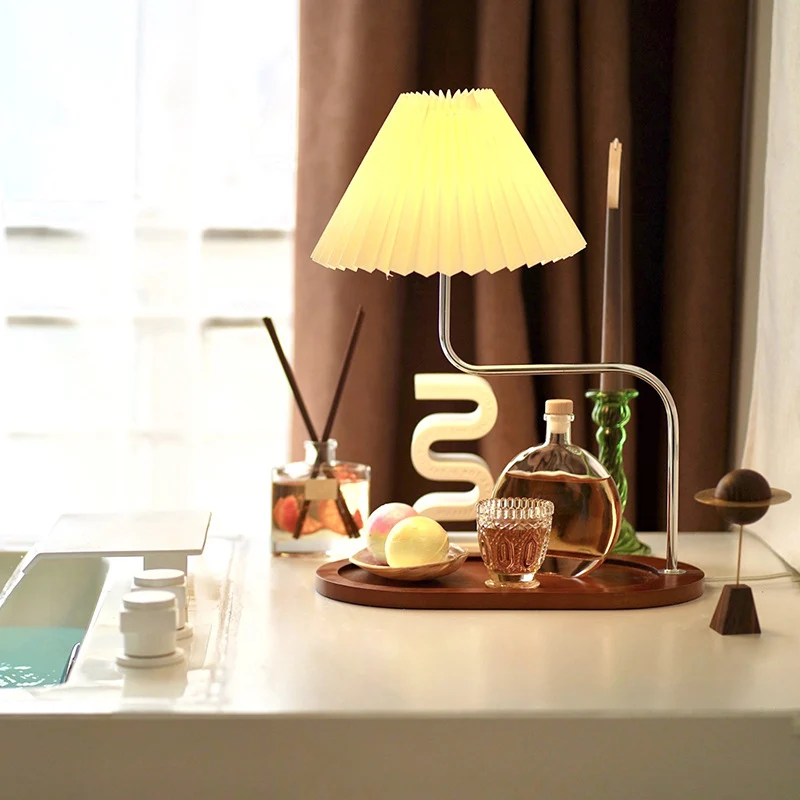 Traditional Vintage Wood Iron Fabric Umbrella 1-Light Table Lamp For Bedroom
