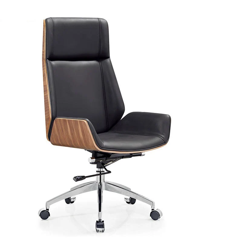 Contemporary Scandinavian PU Leather Wood Aluminum Curved Rectangular Desk Chair With Backrest For Home Office