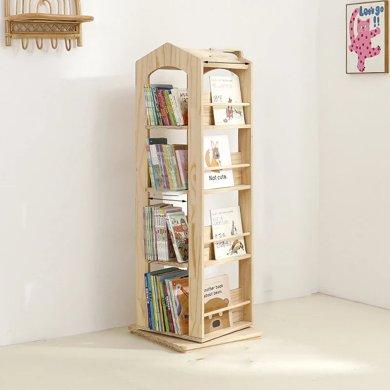 Contemporary Creative House-Shaped Pine Wood Rotatable Kids Floor-Standing Bookshelf 3/4-Tier For Study