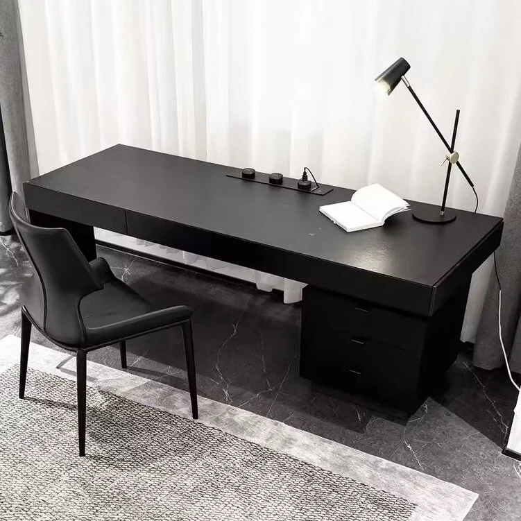 Modern Minimalist Oak Wood Rectangular Desk With Wireless Charging & 5 Drawers For Bedroom & Home Office