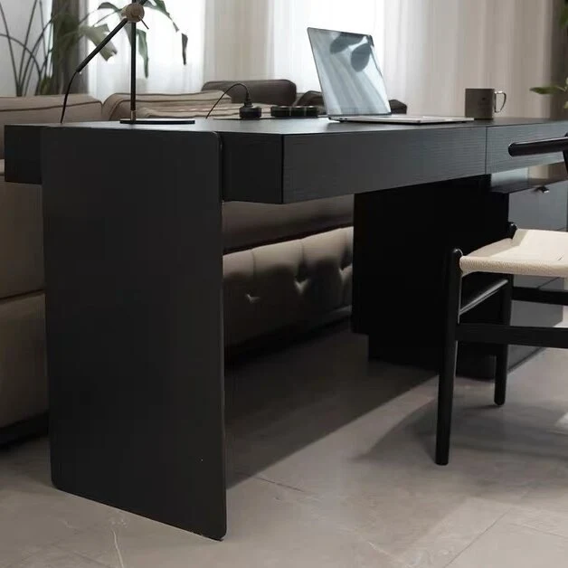 Modern Minimalist Oak Wood Rectangular Desk With Wireless Charging & 5 Drawers For Bedroom & Home Office