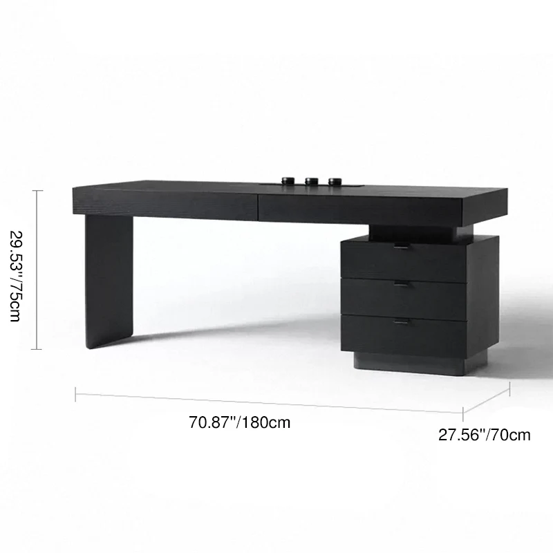 Modern Minimalist Oak Wood Rectangular Desk With Wireless Charging & 5 Drawers For Bedroom & Home Office