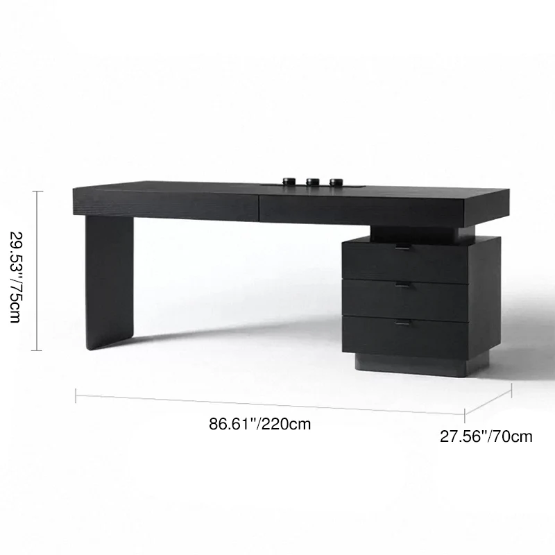 Modern Minimalist Oak Wood Rectangular Desk With Wireless Charging & 5 Drawers For Bedroom & Home Office