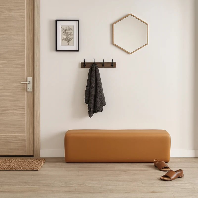 Modern Minimalist Pine Wood Faux Leather Rectangular Bench Backless For Entryway