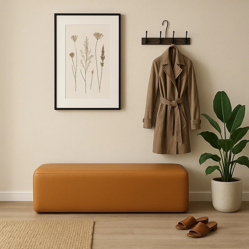 Modern Minimalist Pine Wood Faux Leather Rectangular Bench Backless For Entryway