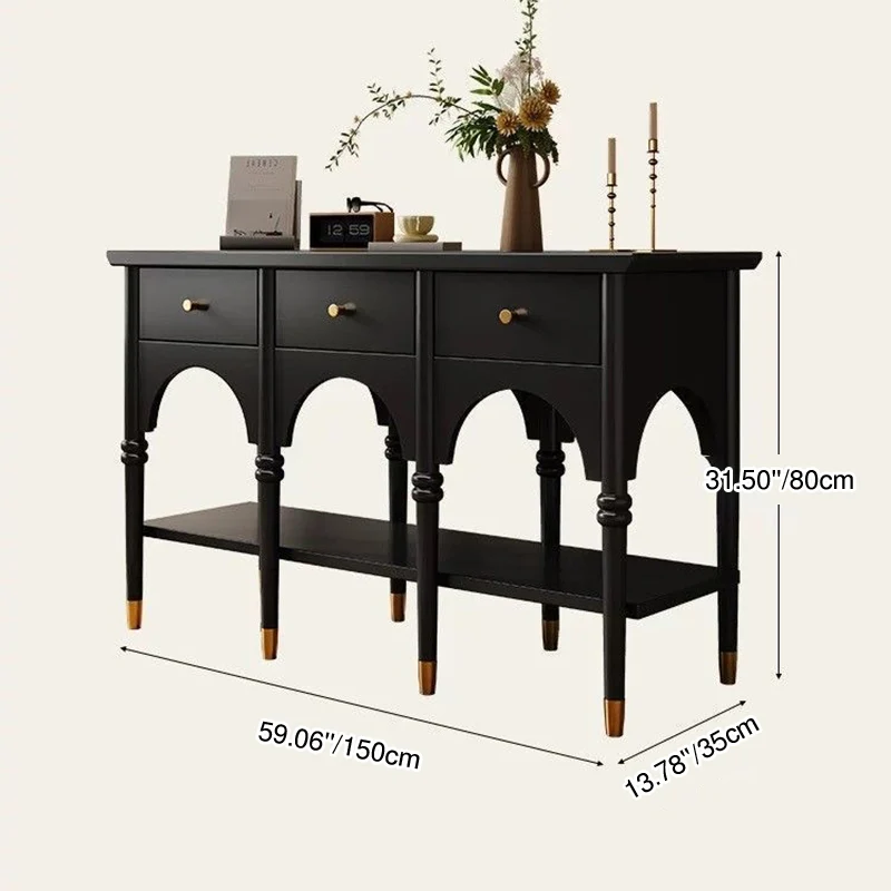 Contemporary Nordic Rectangular Rubberwood Brass Solid Wood Multi-Layer Plate Console Table 3-Drawer For Entryways