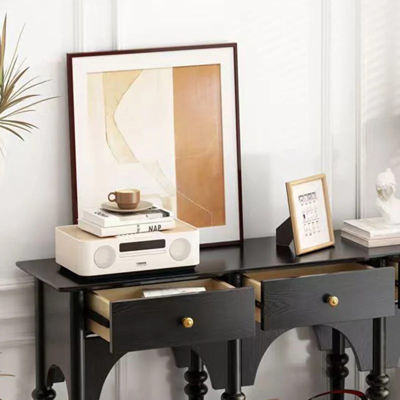 Contemporary Nordic Rectangular Rubberwood Brass Solid Wood Multi-Layer Plate Console Table 3-Drawer For Entryways