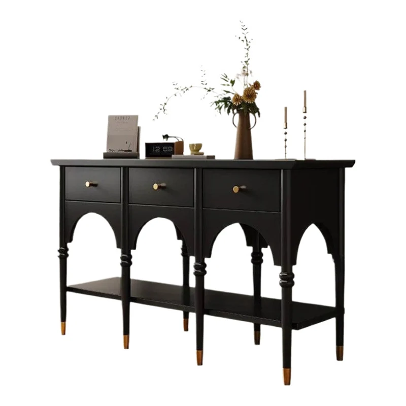 Contemporary Nordic Rectangular Rubberwood Brass Solid Wood Multi-Layer Plate Console Table 3-Drawer For Entryways