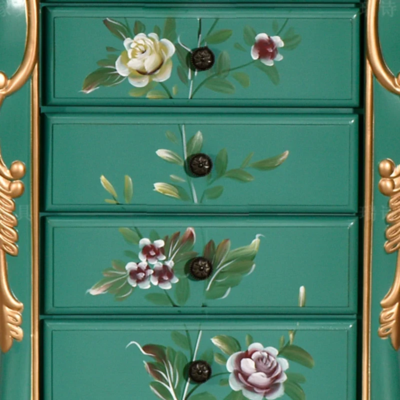 Traditional Vintage Rectangular Solid Wood Medium Density Fiberboard Zinc Alloy Jewelry Storage Cabinet 7-Drawer For Living Room