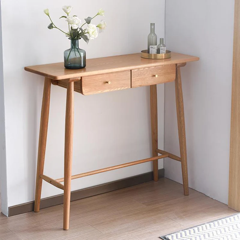 Traditional Japanese Rounded-Corner Rectangular Solid Wood Console Table 1/2-Drawer For Living Room & Entryway