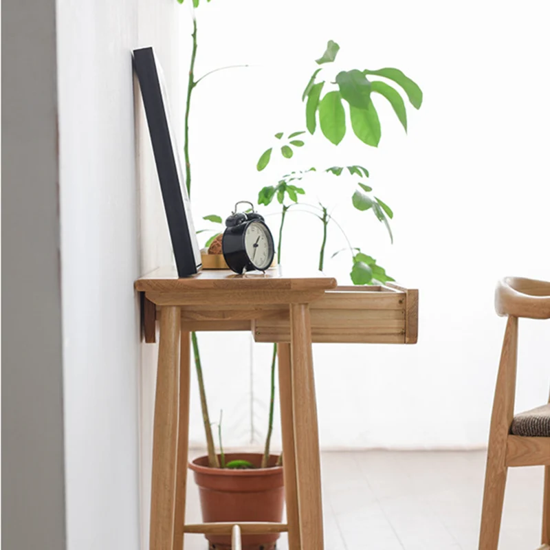 Traditional Japanese Rounded-Corner Rectangular Solid Wood Console Table 1/2-Drawer For Living Room & Entryway