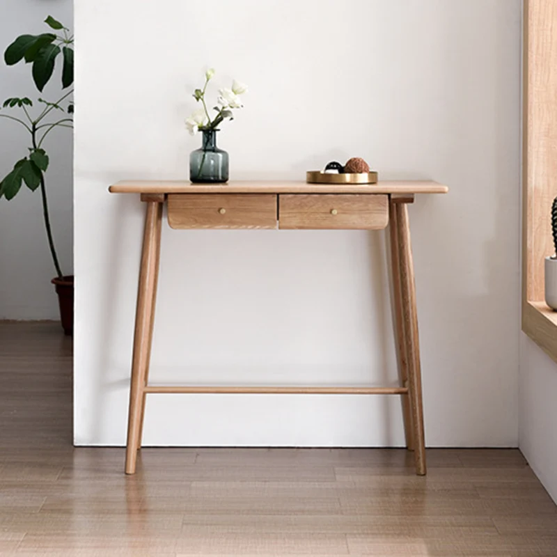 Traditional Japanese Rounded-Corner Rectangular Solid Wood Console Table 1/2-Drawer For Living Room & Entryway
