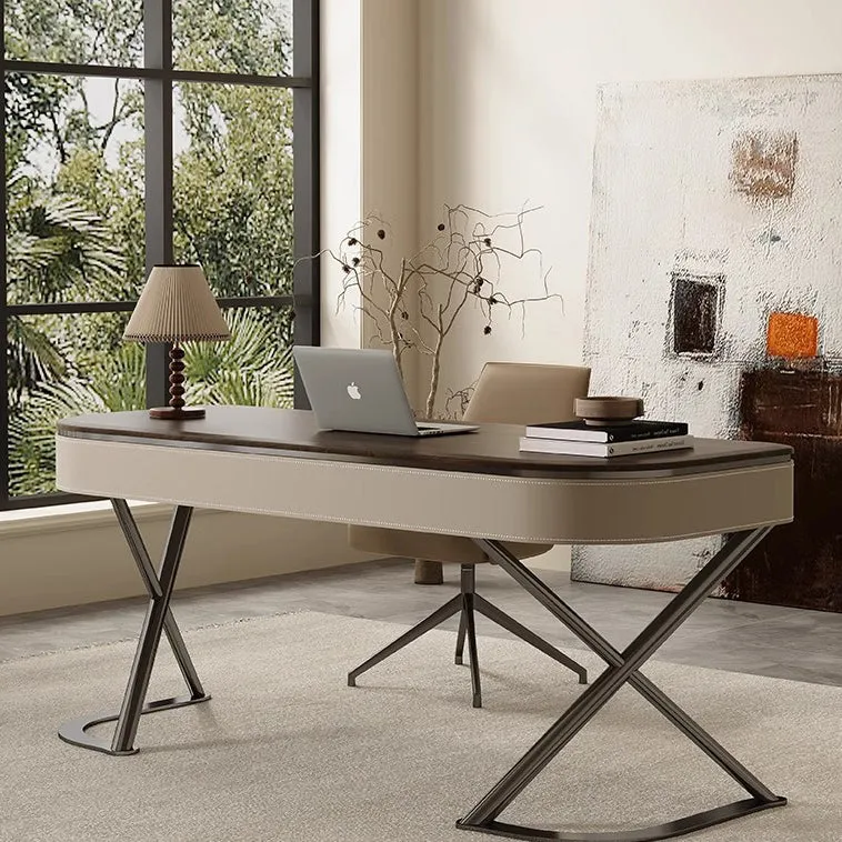 Modern Minimalist Saddle-Style Faux Leather Wood Stainless Steel Oval X-Shape Leg Desks 2-Drawer For Home Office