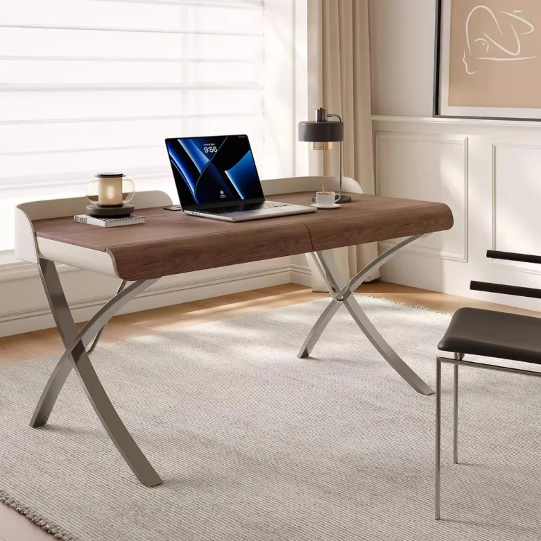 Modern Transitional Saddle-Style Faux Leather Plywood Stainless Steel X-Shape Leg Wraparound Baffle Rectangular Desks 2-Drawer For Home Office