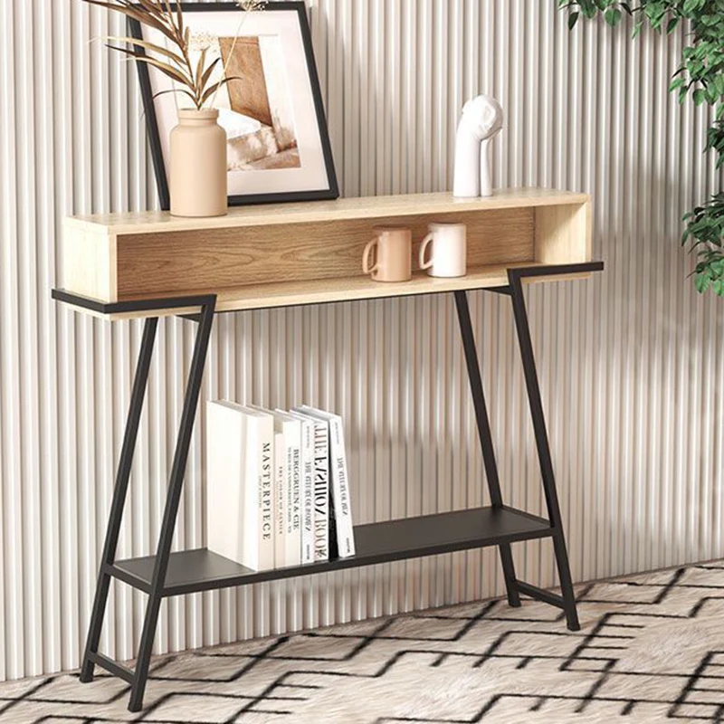 Modern Minimalist Solid Wood Iron Frame Rectangular Storage Console Table 3-Tier For Entryways