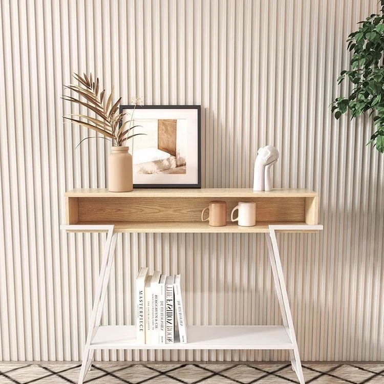 Modern Minimalist Solid Wood Iron Frame Rectangular Storage Console Table 3-Tier For Entryways