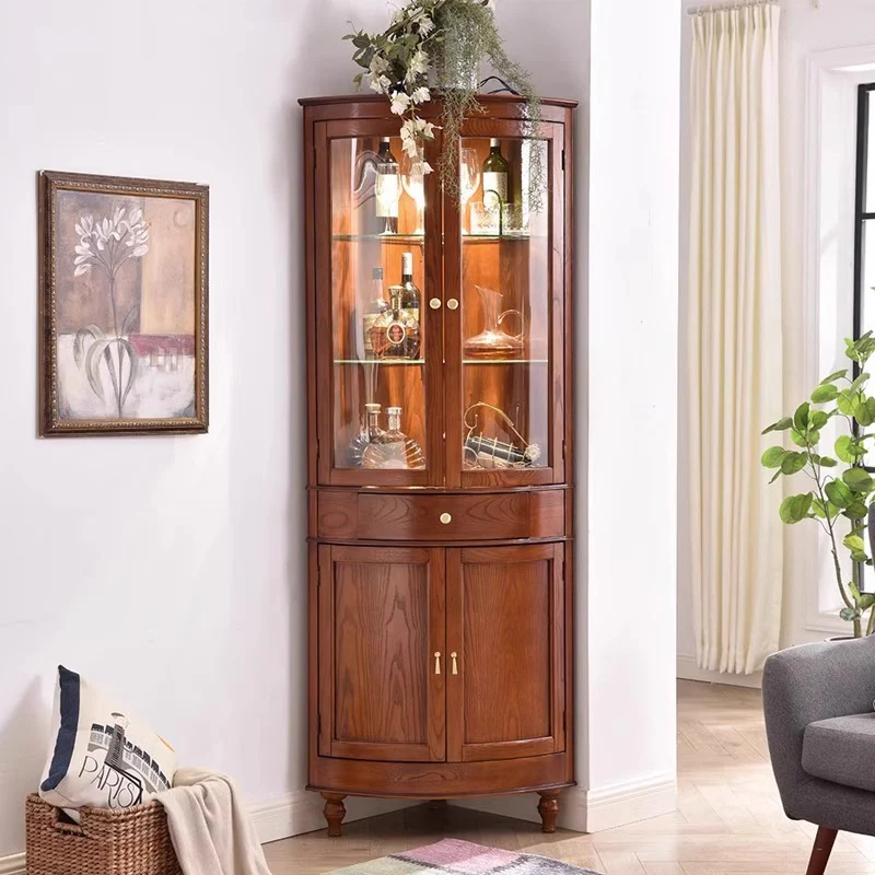 Contemporary Retro Solid Wood Glass Rectangular Corner Storage Cabinet 1-Drawer For Living Room