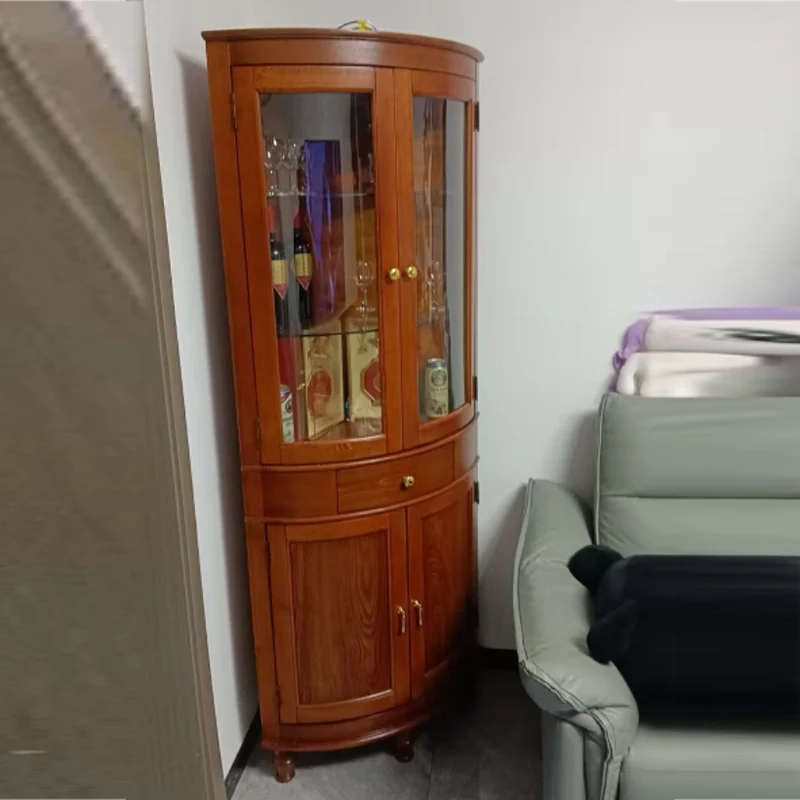 Contemporary Retro Solid Wood Glass Rectangular Corner Storage Cabinet 1-Drawer For Living Room