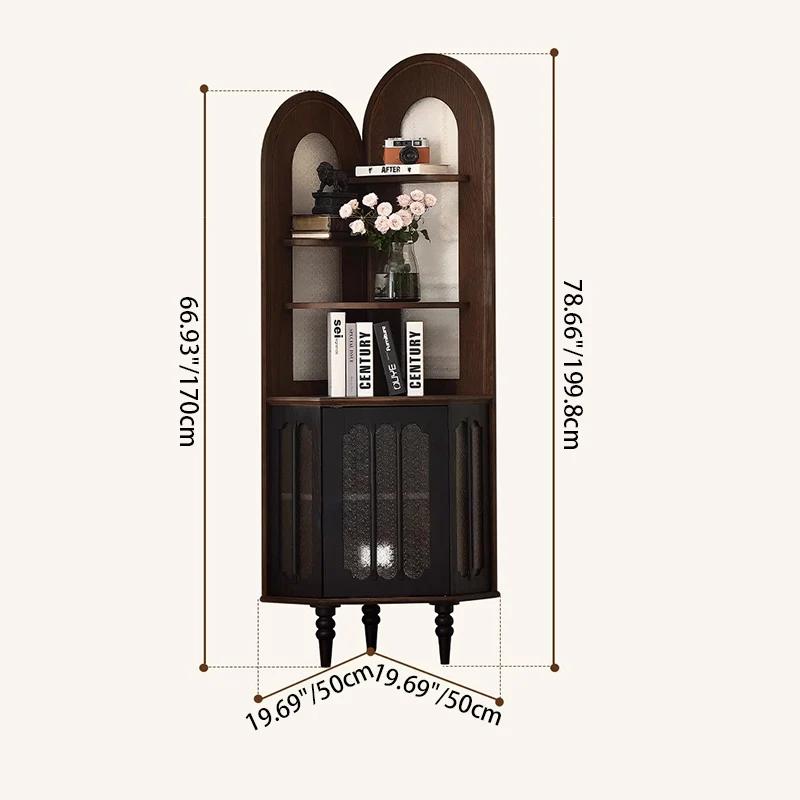 Contemporary Retro Ash Wood Solid Wood Multi-Layer Board Glass Arch Rectangular Corner Storage Cabinet 4-Tier For Living Room Bedroom