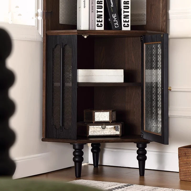 Contemporary Retro Ash Wood Solid Wood Multi-Layer Board Glass Arch Rectangular Corner Storage Cabinet 4-Tier For Living Room Bedroom
