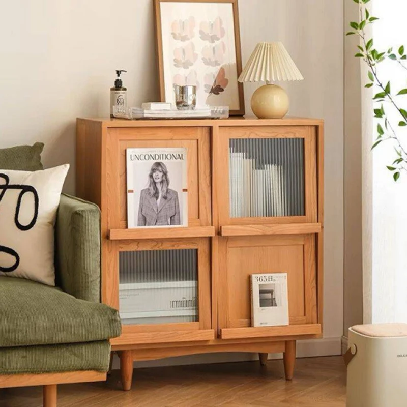 Contemporary Nordic Solid Wood Glass Rectangular Storage Cabinet 4-Cabinet For Living Room & Bedroom