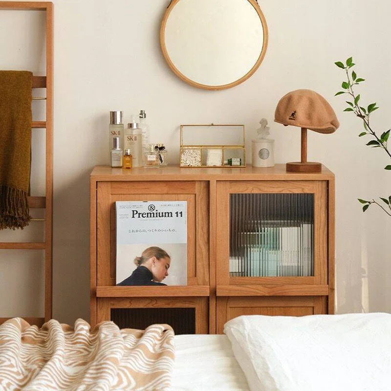Contemporary Nordic Solid Wood Glass Rectangular Storage Cabinet 4-Cabinet For Living Room & Bedroom