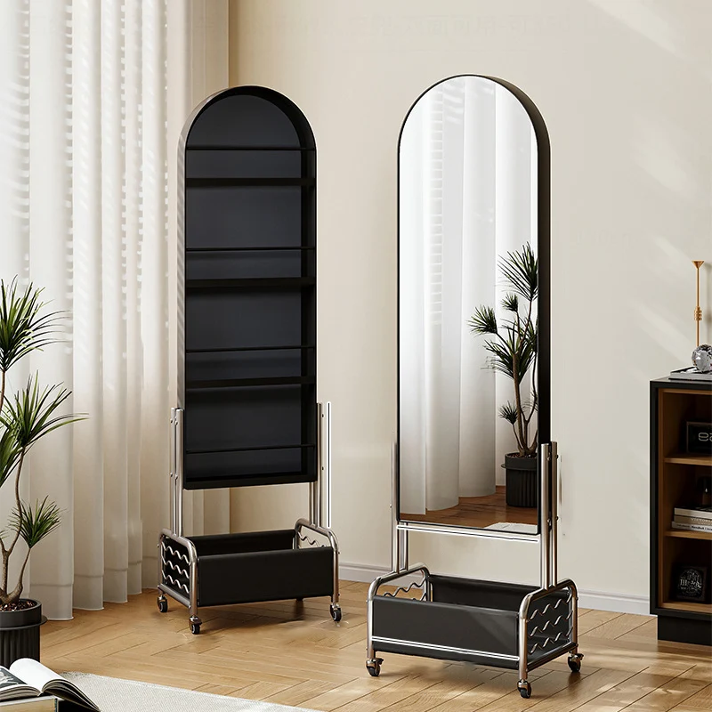 Modern Minimalist Movable Rotatable Oval Carbon Steel Faux Leather Glass Mirror Bookshelf 1-Basket For Bedroom
