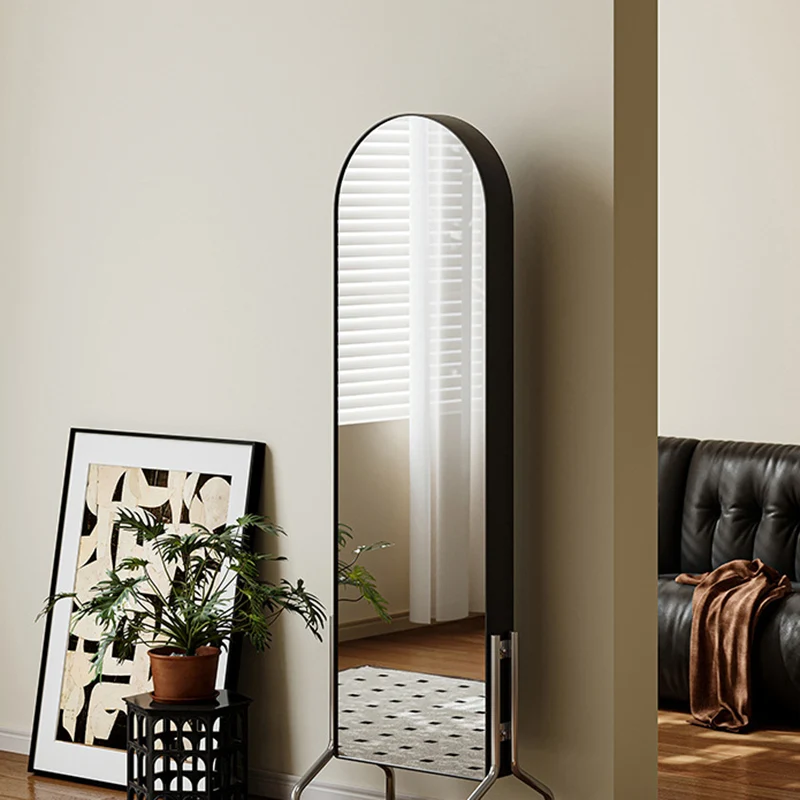 Modern Minimalist Movable Rotatable Oval Carbon Steel Faux Leather Glass Mirror Bookshelf 1-Basket For Bedroom