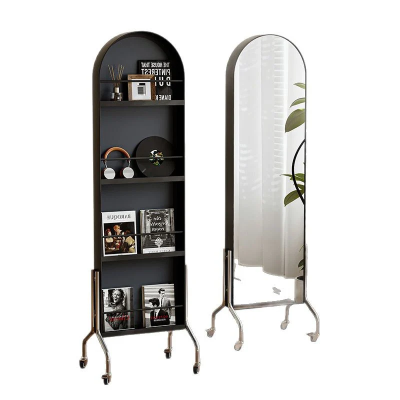 Modern Minimalist Movable Rotatable Oval Carbon Steel Faux Leather Glass Mirror Bookshelf 1-Basket For Bedroom
